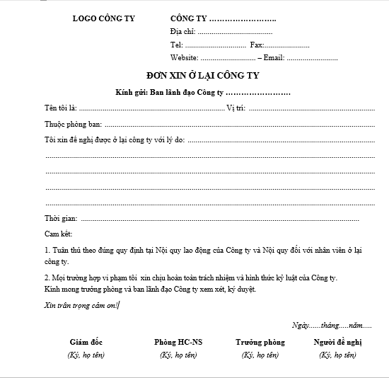 Mẫu đơn xin ở lại công ty
