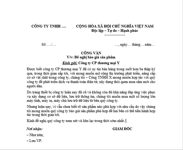 Mẫu công văn đề nghị báo giá sản phẩm