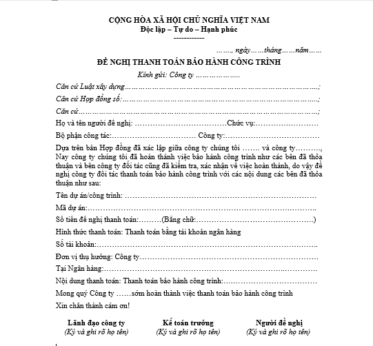 Mẫu văn bản đề nghị thanh toán tiền bảo hành công trình
