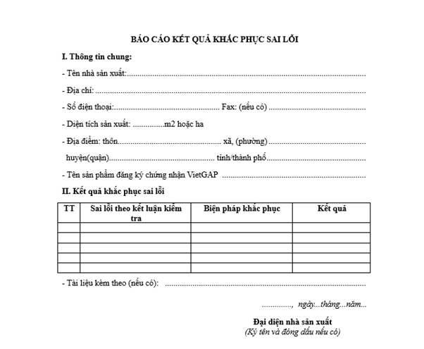 Mẫu báo cáo kết quả khắc phục sai lỗi