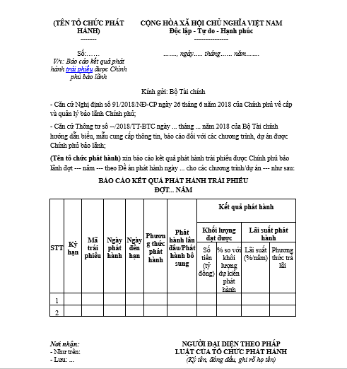 Mẫu báo cáo kết quả phát hành trái phiếu
