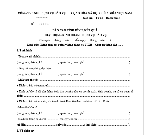 Mẫu báo cáo hoạt động công ty bảo vệ