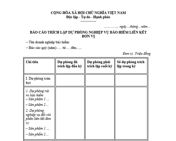 Mẫu báo cáo trích lập dự phòng nghiệp vụ bảo hiểm liên kết đơn vị