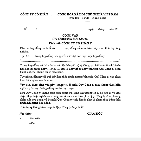 Mẫu công văn đề nghị thực hiện đặt cọc