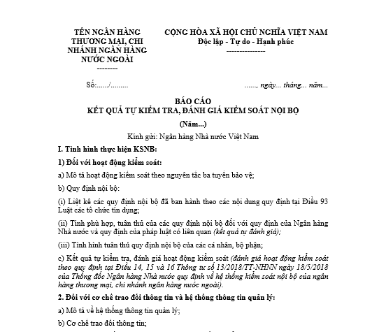 Mẫu báo cáo kết quả tự kiểm tra, đánh giá kiểm soát nội bộ