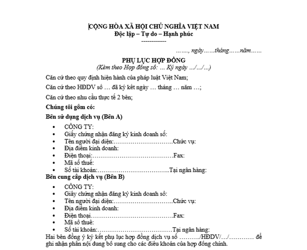Mẫu phụ lục hợp đồng bổ sung