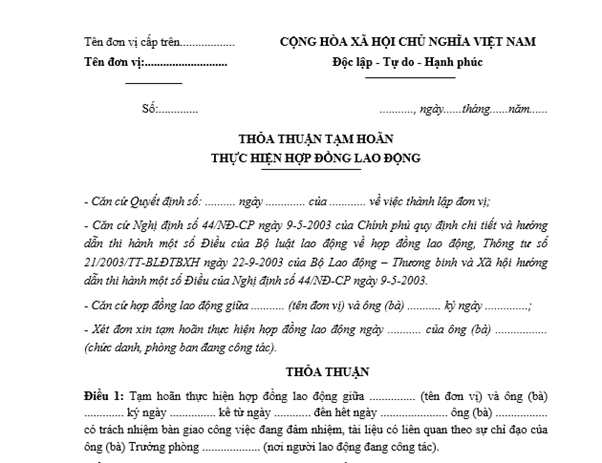Mẫu thỏa thuận tạm hoãn thực hiện hợp đồng lao động