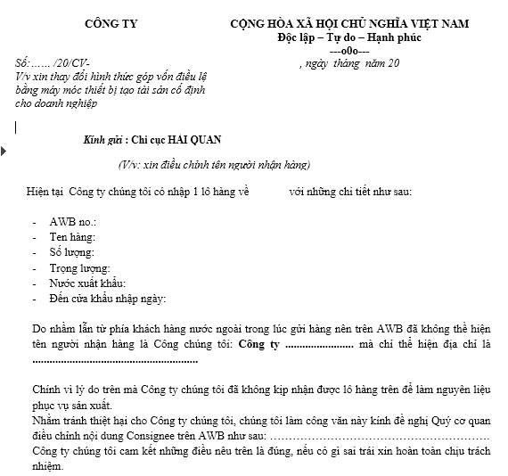 Mẫu công văn điều chỉnh tên người nhận hàng