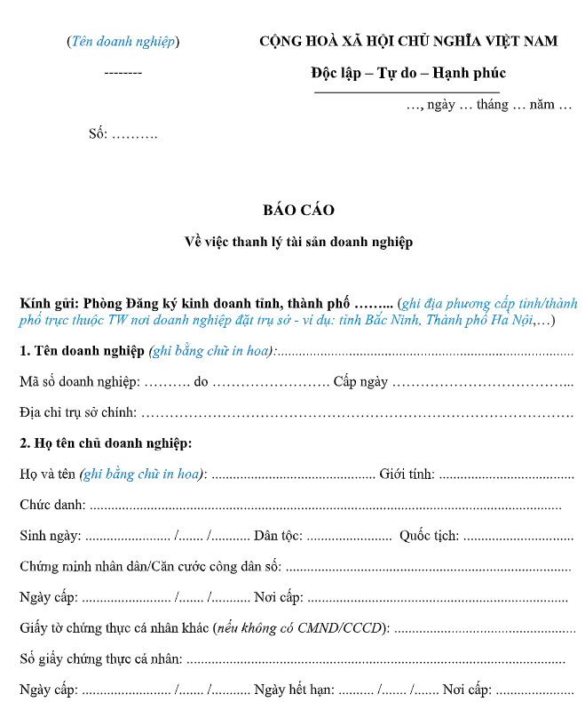Mẫu báo cáo về việc thanh lý tài sản của Công ty Cổ phần