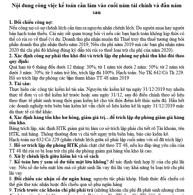 Nội dung công việc kế toán cần làm vào cuối năm tài chính và đầu năm sau