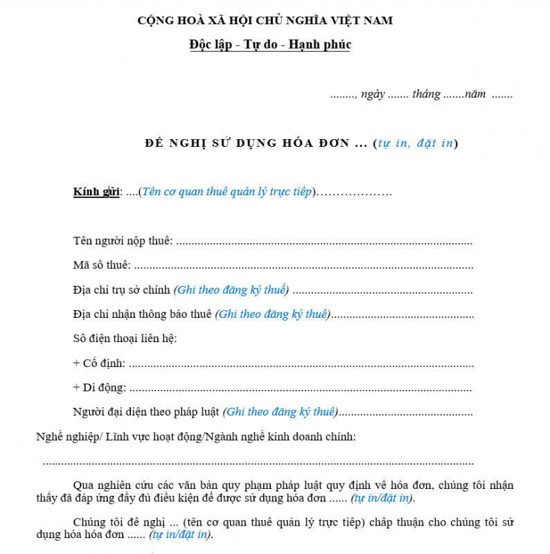 Mẫu đơn đề nghị sử dụng hóa đơn giá trị gia tăng