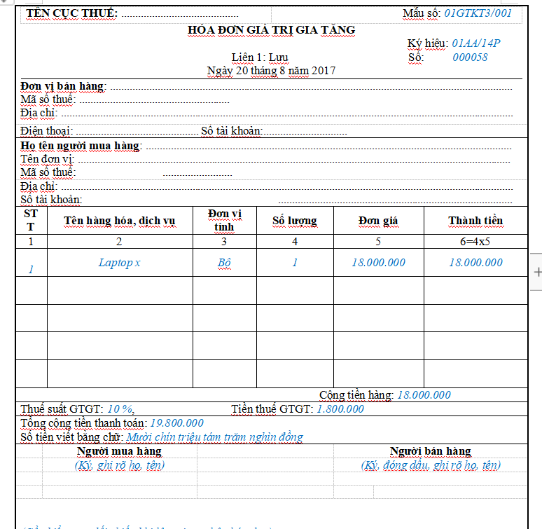 Mẫu hóa đơn khi chiết khấu theo từng lần mua trong doanh nghiệp tư nhân