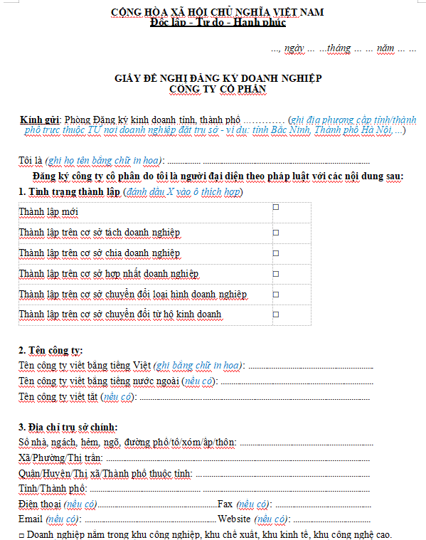 Giấy đề nghị đăng ký thành lập công ty