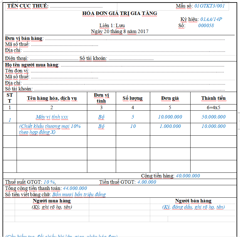 Mẫu hóa đơn khi chiết khấu căn cứ vào số lượng hoặc doanh số hàng hóa trong doanh nghiệp tư nhân