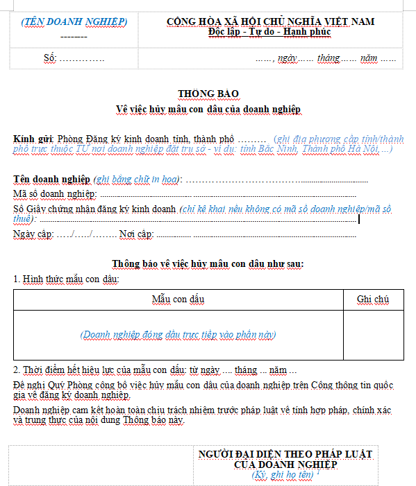 Mẫu thông báo về việc hủy mẫu con dấu của công ty