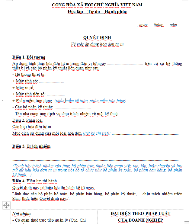 Quyết định áp dụng hóa đơn tự in trong công ty TNHH hai thành viên trở lên