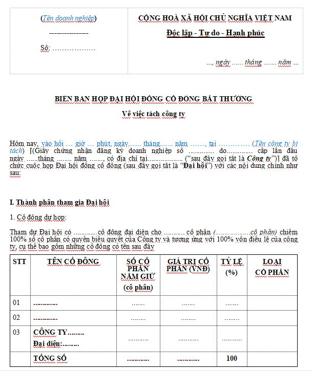 Mẫu biên bản họp đại hội đồng cổ đông về việc tách doanh nghiệp