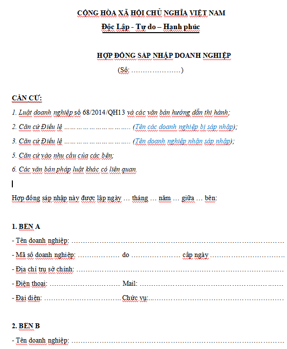 Mẫu hợp đồng sáp nhập doanh nghiệp trong công ty