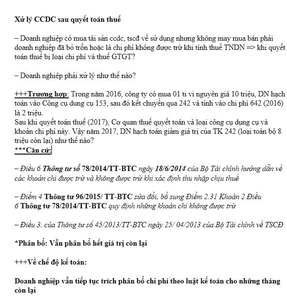 Xử lý CCDC sau quyết toán thuế