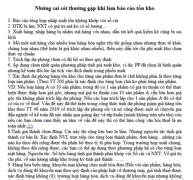 Những sai sót thường gặp khi làm kế toán kho