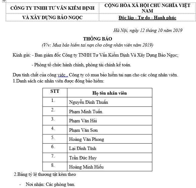 Mẫu thông báo mua bảo hiểm tai nạn cho công nhân viên