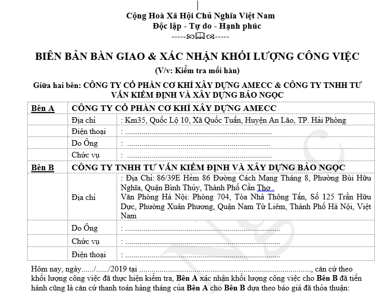 Mẫu biên bản bàn giao và xác định khối lượng công việc