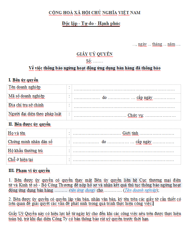 Mẫu giấy ủy quyền thông báo ngừng hoạt động ứng dụng bán hàng trong công ty