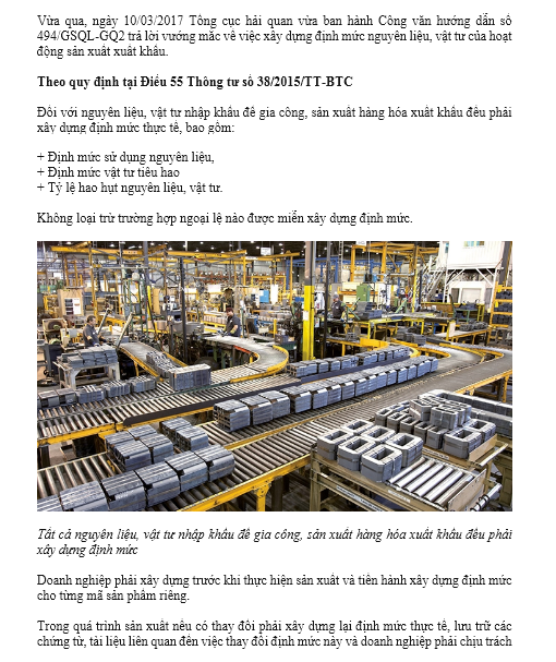 Nguyên liệu, vật tư của hoạt động gia công, sản xuất xuất khẩu đều phải xây dựng định mức