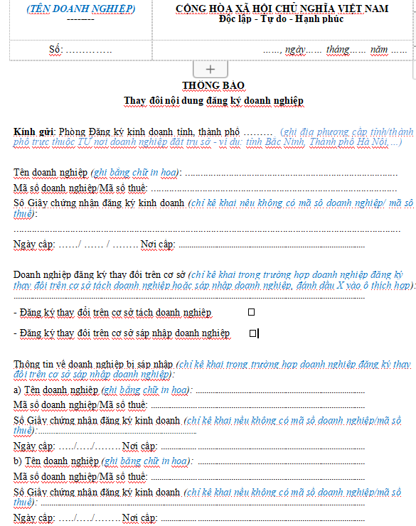 Mẫu thông báo thay đổi tên công ty cổ phần