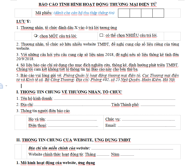 Mẫu báo cáo tình hình hoạt động thương mại điện tử trong doanh nghiệp