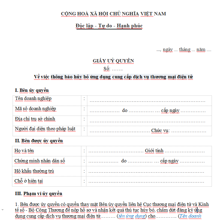 Mẫu giấy ủy quyền hủy bỏ ứng dụng cung cấp dịch vụ thương mại điện tử trong doanh nghiệp