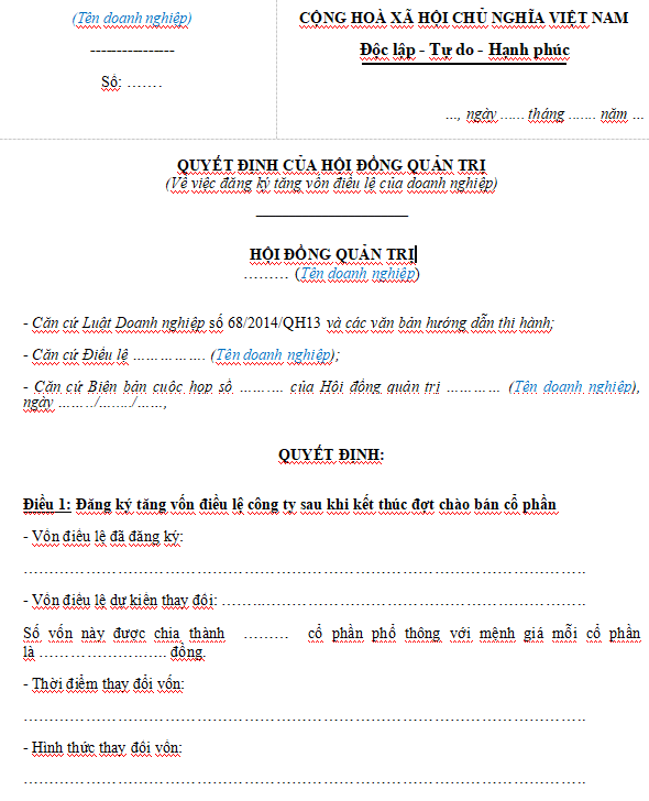 Mẫu quyết định của hội đồng quản trị về việc đăng ký tăng vốn điều lệ của doanh nghiệp