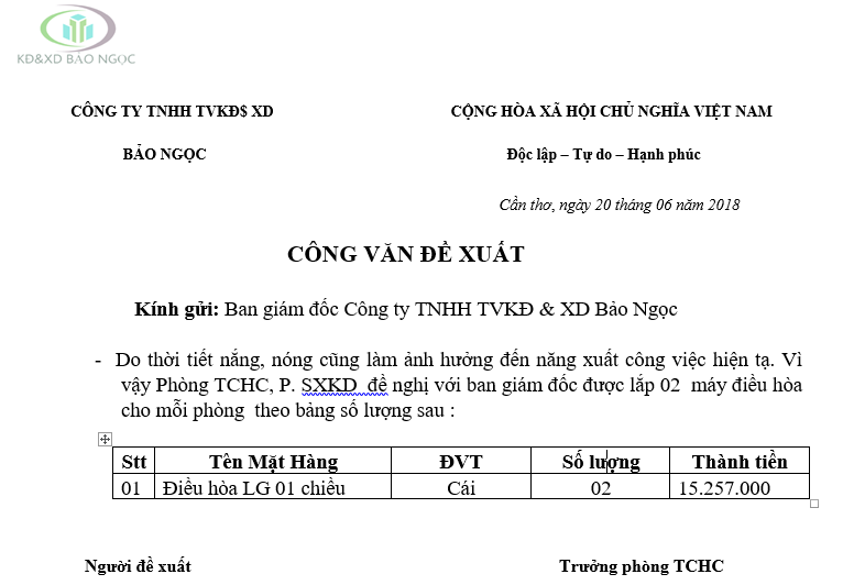 Mẫu công văn đề xuất mua CCDC