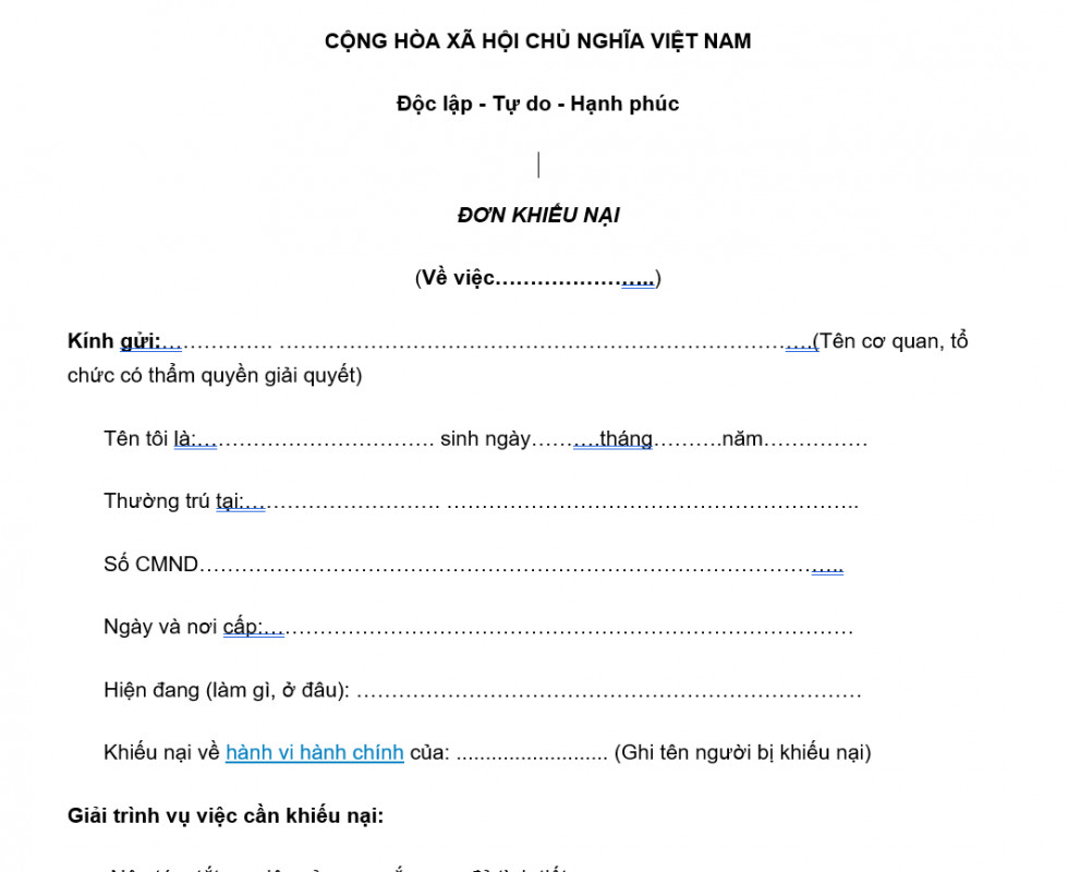 Mẫu đơn khiếu nại mới nhất