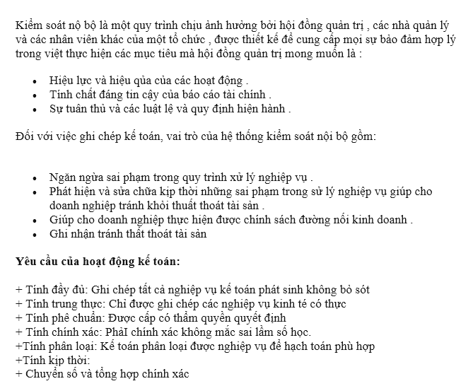 Yêu cầu về hệ thống kiểm soát nội bộ của việc ghi chép kế toán