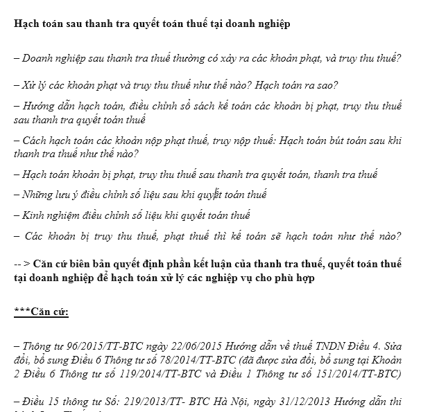 Hướng dẫn hạch toán sau Quyết toán Thanh tra thuế