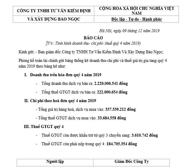 Mẫu báo cáo doanh thu, chi phí theo quý