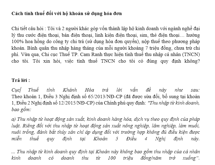 Cách tính thuế đối với hộ khoán sử dụng hóa đơn