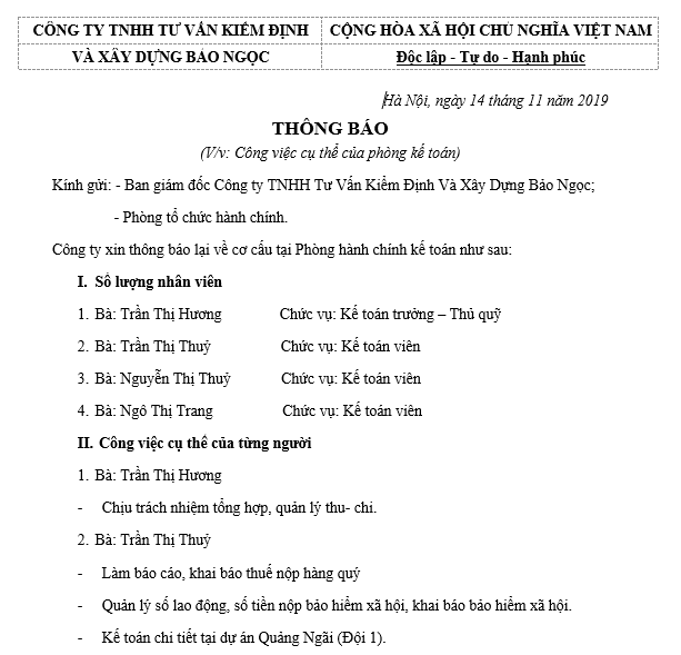 Mẫu thông báo chi tiết công việc