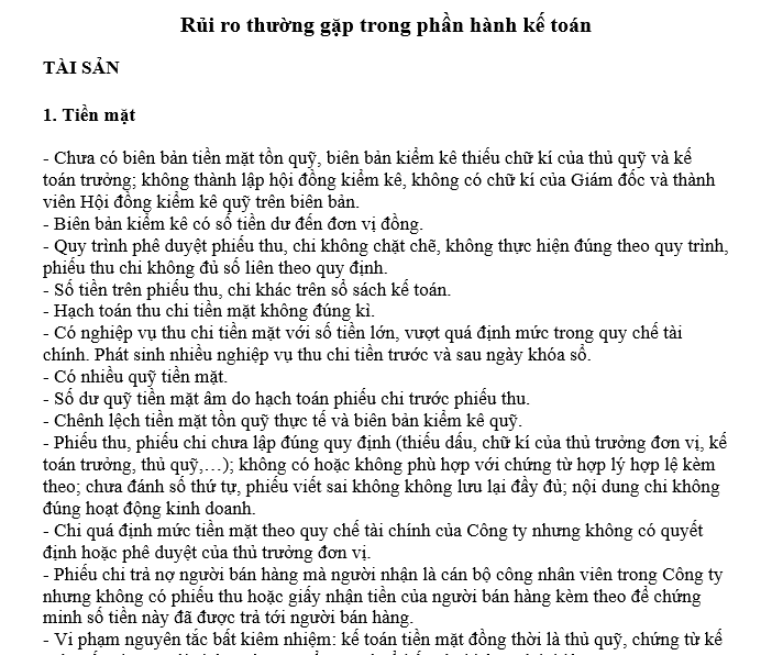 Rủi ro thường gặp trong các phần hành kế toán