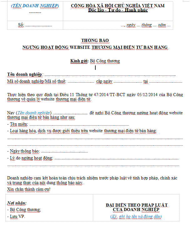 Mẫu thông báo ngừng hoạt động website thương mại điện tử bán hàng trong công ty