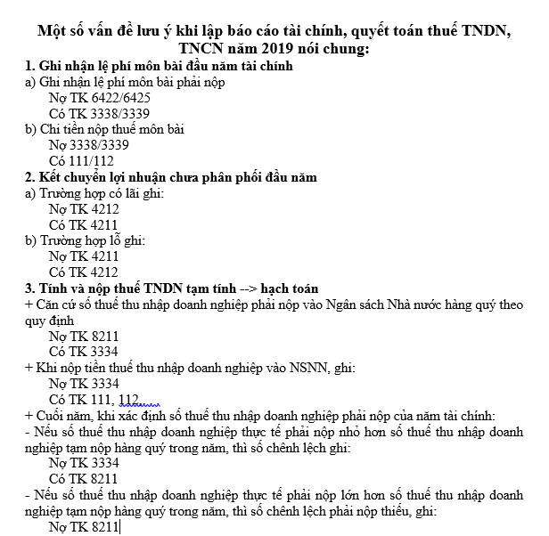Một số vấn đề lưu ý khi lập báo cáo tài chính, quyết toán thuế TNDN, TNCN năm