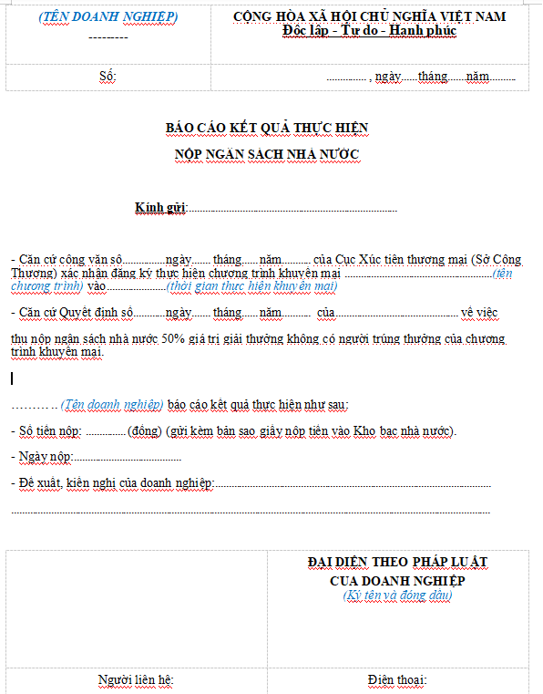 Mẫu báo cáo kết quả thực hiện nộp ngân sách nhà nước trong doanh nghiệp
