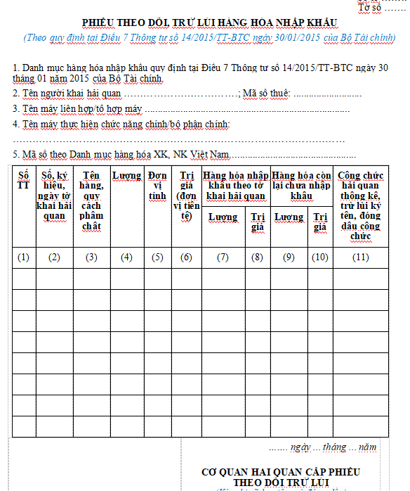 Mẫu phiếu theo dõi trừ lùi hàng hóa đối với hàng hóa nhập khẩu trong công ty