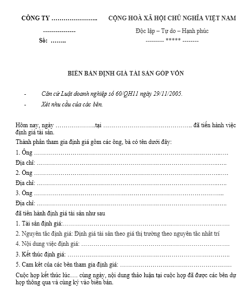 Mẫu biên bản định giá tài sản góp vốn