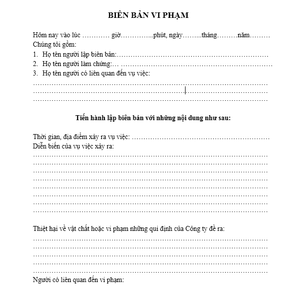 Mẫu biên bản vi phạm kỷ luật