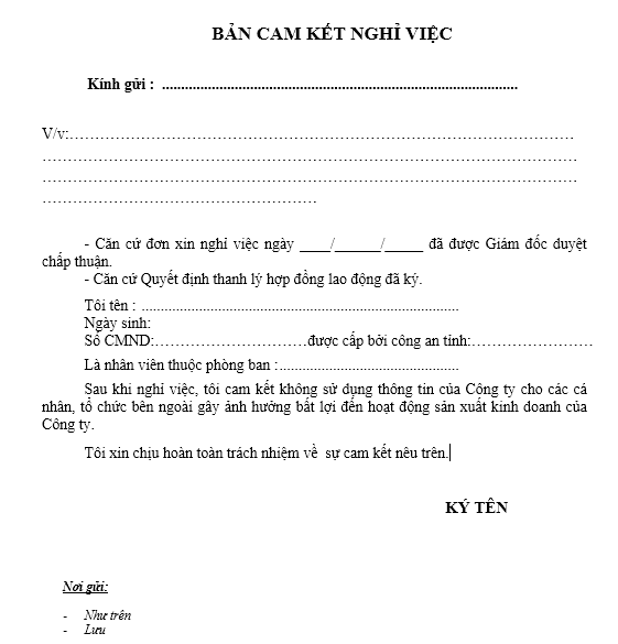 Mẫu bản cam kết nghỉ việc