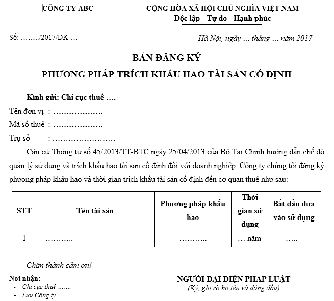Mẫu đăng ký phương pháp trích khấu hao TSCĐ