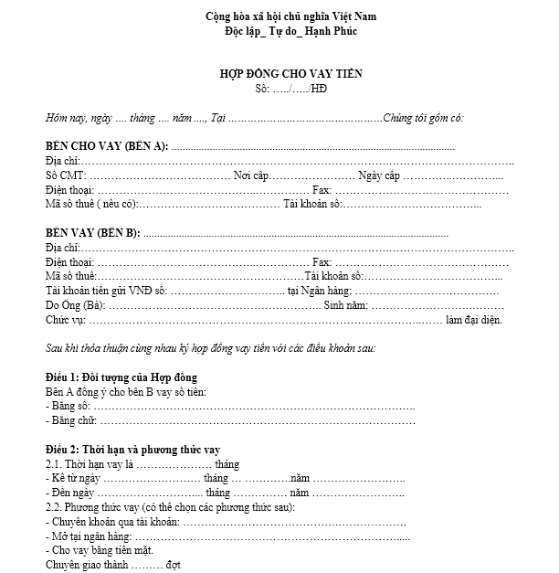 Mẫu hợp đồng cho vay tiền