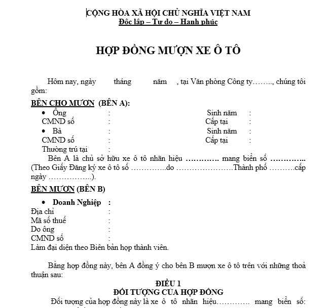 Mẫu hợp đồng mượn xe mới nhất